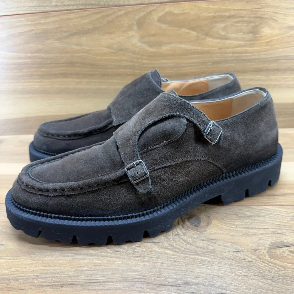ELEVENTY Mens Double Monk Strap Dress Shoes 12 Moc Toe Brown Suede Lite Soles